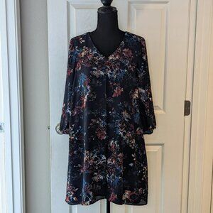 DR2‎ Navy Blue Casual Floral Popover V-Neck 3/4 Sleeve Dress